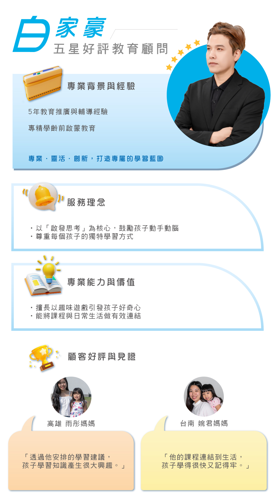 五星好評教育顧問白家豪，5年經驗專精學齡前啟蒙教育，以啟發思考與趣味遊戲設計學習藍圖，連結生活化課程，獲得諸多家長一致好評