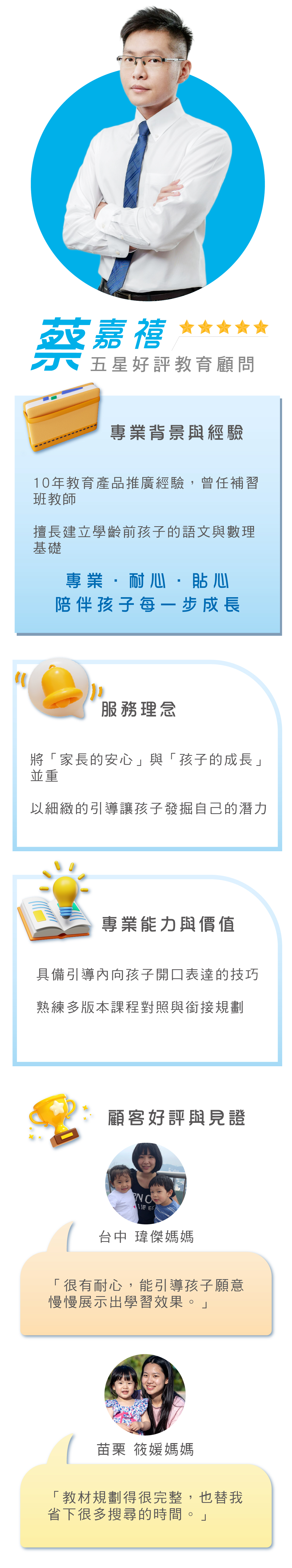 五星好評教育顧問蔡嘉禧，10年教育經驗曾任補習班教師，專長建立學齡前語文與數理基礎，以耐心引導內向孩子發掘潛力並規劃完整課程，獲得諸多家長一致好評
