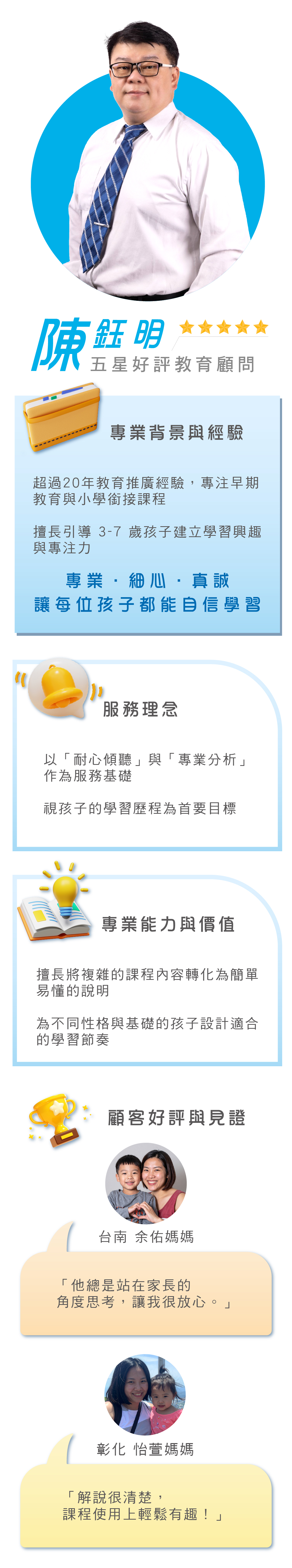 五星好評教育顧問陳鈺明，20年專業經驗專注早期教育與小學銜接，擅長引導3-7歲孩子建立學習興趣，以耐心傾聽與專業分析設計適合學習節奏，獲得諸多家長一致好評