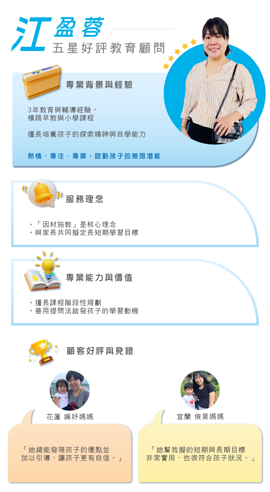 五星好評教育顧問江盈蓉，3年經驗橫跨早教與小學課程，擅長因材施教培養探索精神與自學能力，通過階段性規劃與提問法啟發潛能，獲得諸多家長一致好評